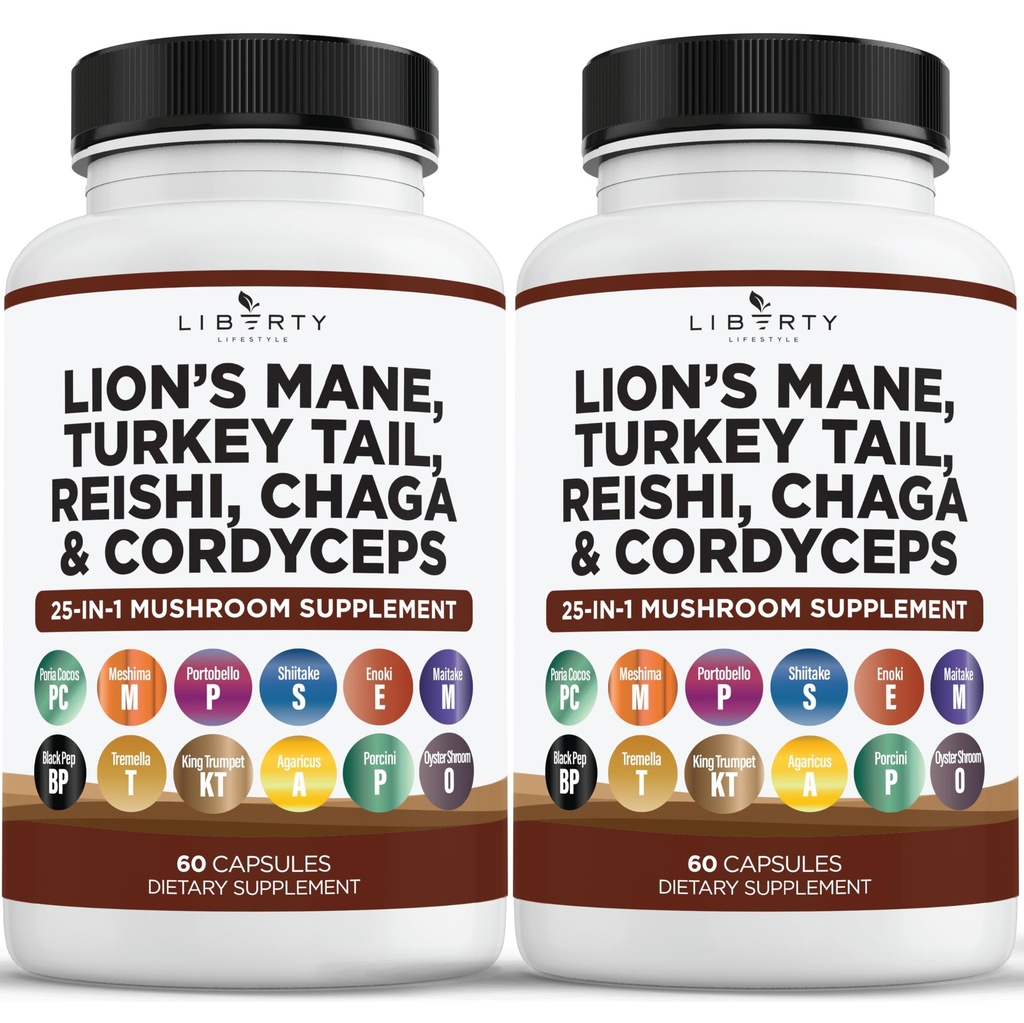 Lions Mane Mushroom Supplement med Tyrkiet Tail Reishi Cordyceps Chaga med Marshmallow Root - 2 -Pack