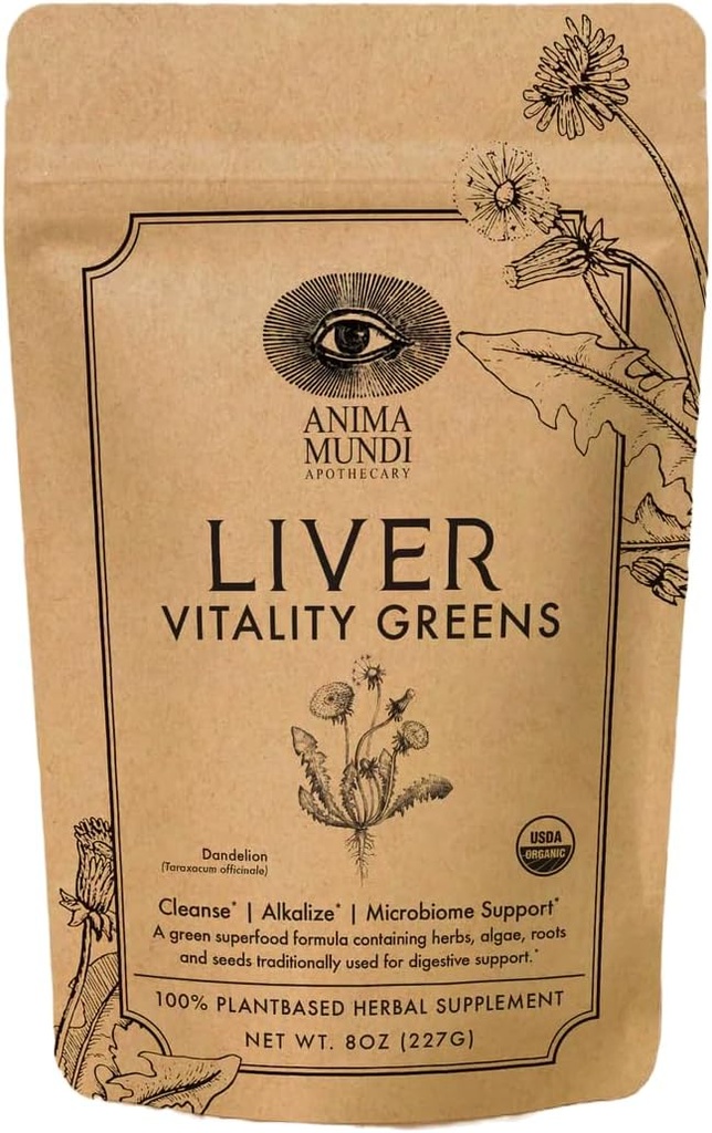 Anima Mundi Apothecary Super Green Powder - Lever Vitality - Økologisk Superfood Green & Herbal Prebiotika til lever Detox, Rense & Support - med Fair Trade Dandeelion, Mælk tidsel & mere (8oz)