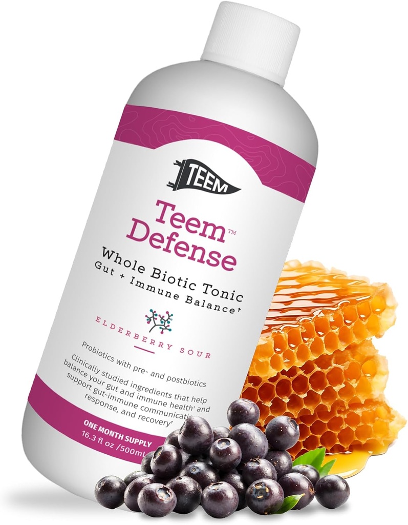 Teem Defense Flydende Probiotisk med Elderberry, Hele biotiske Tonic til fordampning & immunitet, Prebiotic Probiotic & Postbiotic supplement til børn og voksne, 30 dages forsyning - 16.3 Fl.Oz