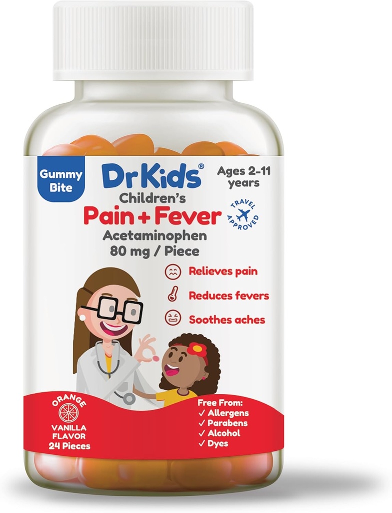 Dr. Kids Children 's Pain and Fever Gummy Bite - Chewable Acetaminophen for Kids Age 2- 11, Præ- Målt Soft Chews for Heache, Sore Throat, Cold and Flu, Orange Vanilla Flavor, 24 Greve (Pack of 1)