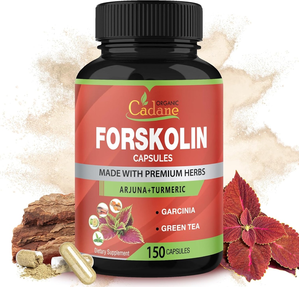 Cadane Forskolin Kosttilskud - 5in1 med gurkemeje Curcumin, Arjuna, Garcinia Cambogia, og grøn te - 5 måneders levering - 150 kapsler