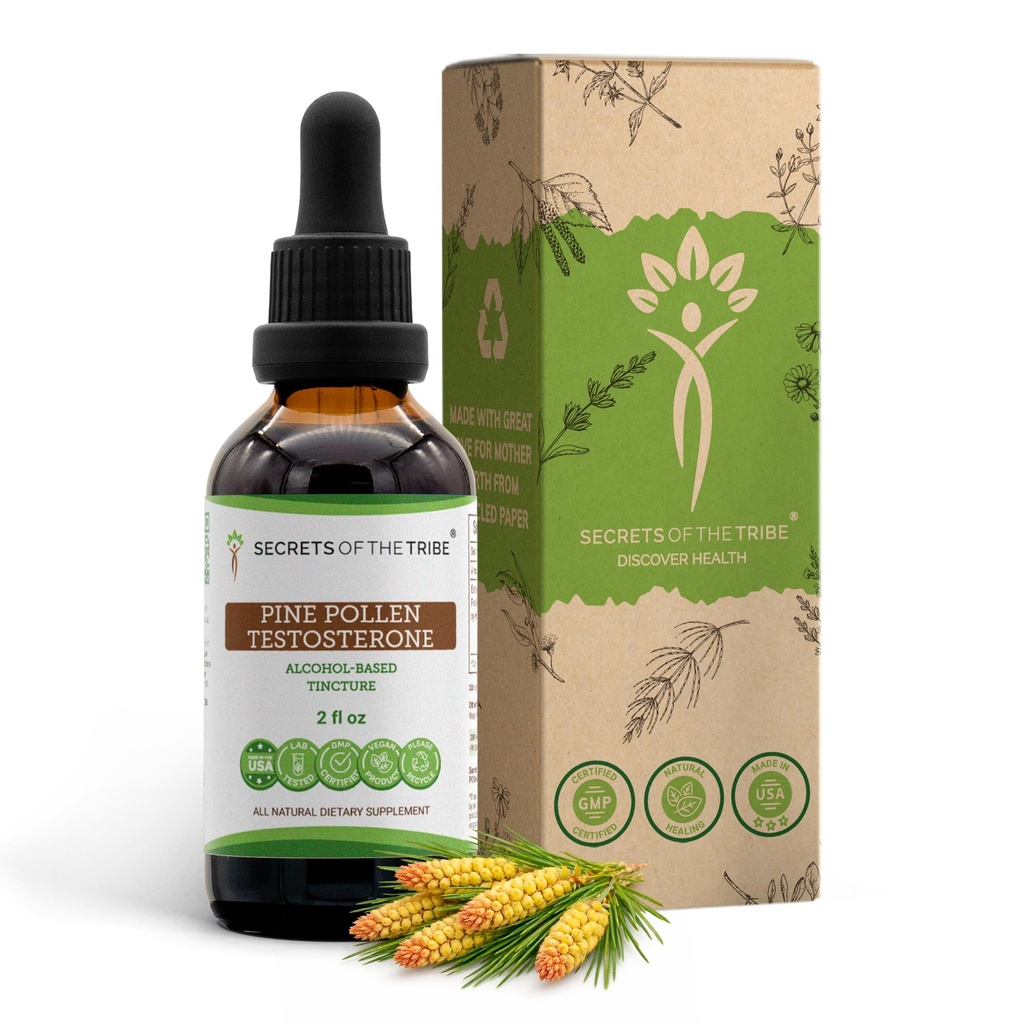Hemmeligheder af Tribe Pine Pollen Testosteron Tincture Alkohol ekstrakt, Wildcrafted Pine Pollen (skotter Pine, Pinus sylvestris) Tørret Pollen 2 oz
