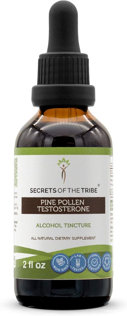 Secrets of the Tribe Pine Pollen Testosterone Tincture Alcohol Extract, Wildcrafted Pine Pollen (Scots Pine, Pinus sylvestris) Dried Pollen 2 oz