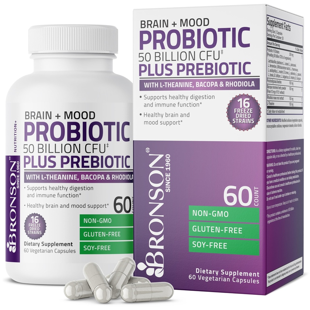 Bronson Brain + Mood Probiotic 50 Millioner CFU Plus Prebiotic med L- Theanin, Bacopa og Rhodiola Non- GMO, 60 vegetariske kapsler