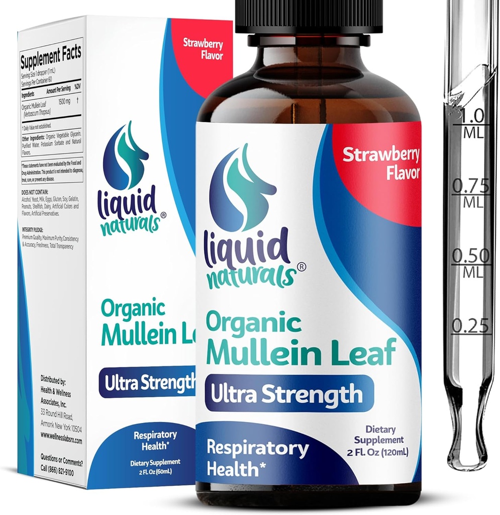 Mullein Drops til Lungs, 2 Fl. Oz, Mullein Leaf Extract til Lungs Strawberry Flavor, Mullien Lung Detox og Cleanse, Mullen Tincture Støtte til sund vejrtrækning