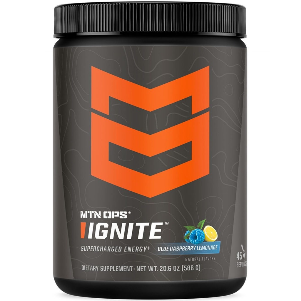 MTN OPS Ignite Energy Drink Powder, Gluten Free Nootrop Supplement Drink Mix, L Arginin, L Citrullin, Koffein & Nootrop Sugar Free Drink Mix, 45 Servere, Blå Raspberry Lemonade