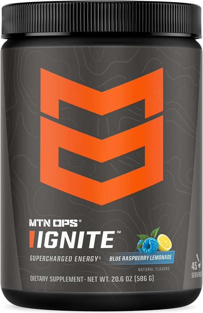 MTN OPS Ignite Energy Drink Powder, Gluten Free Nootrop Supplement Drink Mix, L Arginin, L Citrullin, Koffein & Nootrop Sugar Free Drink Mix, 45 Servere, Blå Raspberry Lemonade