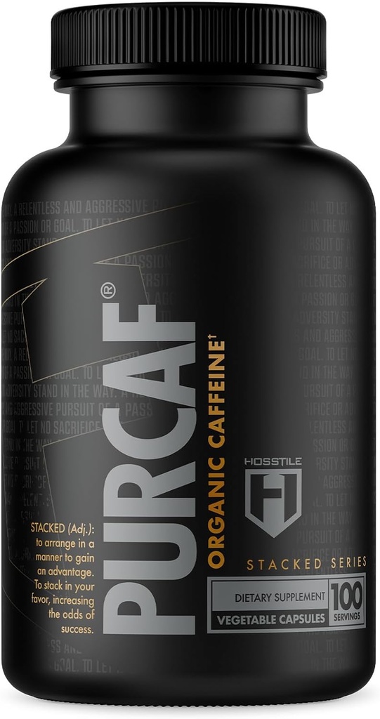 HOSSTILE PurCaf Organic Coffein Capsules, Natural Energy Supplement, No Crash eller Jitters, Pre Workout Focus & Energy, 200mg Per Serving, 100 piller