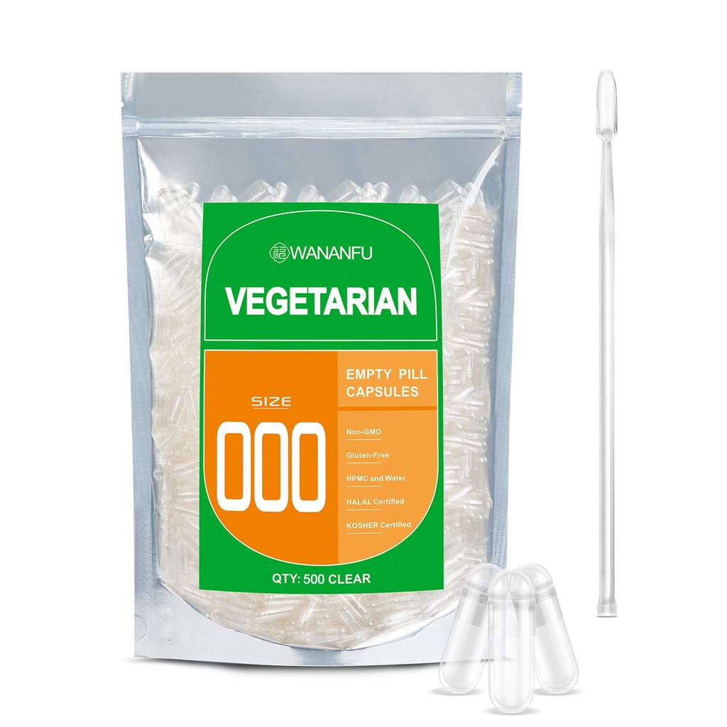 WANANFU Size 000 Empty Capsules Vegetarian (500 Count) Bundle with Micro Lab Spoon, Clear Fillable Veggie Pill Capsules 000 for Making Your Own Supplements