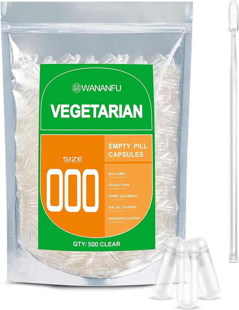 WANANFU Størrelse 000 Tomme kapsler Vegetarisk (500 Greve) Bundle med Micro Lab Spoon, Clear Filtable Veggie Pill Kapsler 000 til at lave dine egne kosttilskud
