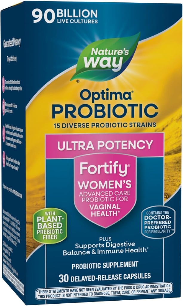 Nature 's Way Fortify Optima Probiotic for Women, Ultra Potency Probiotic for Vaginal Health *, 90 Millioner levende kulturer, Understøtter fordøjelsesbalance og immunforsvar *, 30 kapsler (Packaging May Vary)