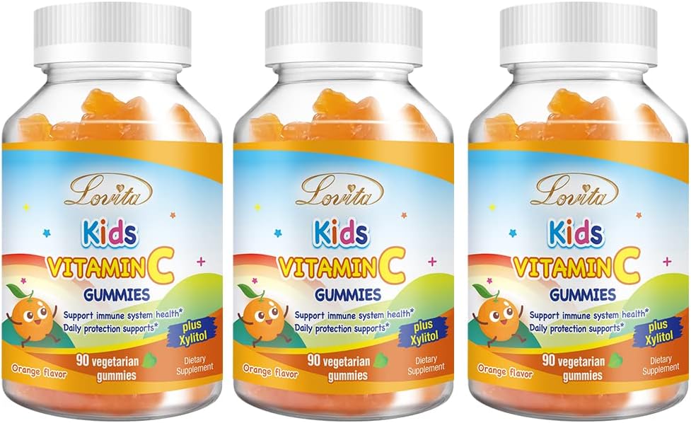 Lovita Vegan Vitamin C Gummies for Kids, Great Tasting Plant-Based Formula, Immune Function Support with Vitamin C 150mg per Daily Servings & Xylitol, Natural Orange Flavored, 90 Gummies (Pack of 3)