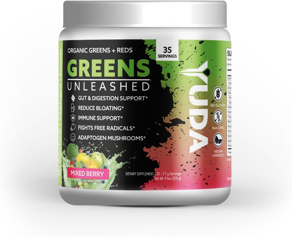 Yuda Organic Green Unleased Powder - Antioxidant Superfood blandet berry drikkevarer til immunforsvar & Gut sundhed - Lavsukker, ikke-GMO & Keto- venligt grønt tillæg - 35 Servering (pakke med 1)
