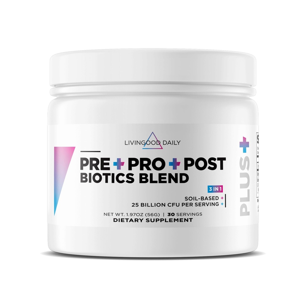 Livingood Daily Pre Pro Post Biotics Blend Powder, fordøjelig sundhed tillæg med Prebiotika fra Organic Blue Agave Inulin, SBO Probiotika, Probiotika til kvinder & mænd, ikke GMO, Vegan, 30 Servering