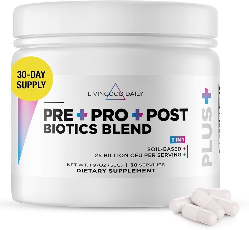 Livingood Daily Pre Pro Post Biotics Blend Powder, fordøjelig sundhed tillæg med Prebiotika fra Organic Blue Agave Inulin, SBO Probiotika, Probiotika til kvinder & mænd, ikke GMO, Vegan, 30 Servering