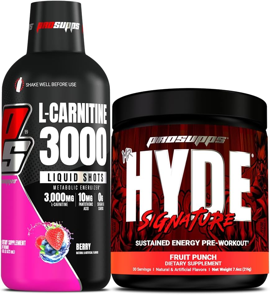PROSUPPS L-Carnitine 3000 Stimulant Free Liquid Shots (Berry) and Mr. Hyde Signature Series Pre-Workout Energy Powdered Drink (Fruit Punch) Bundle