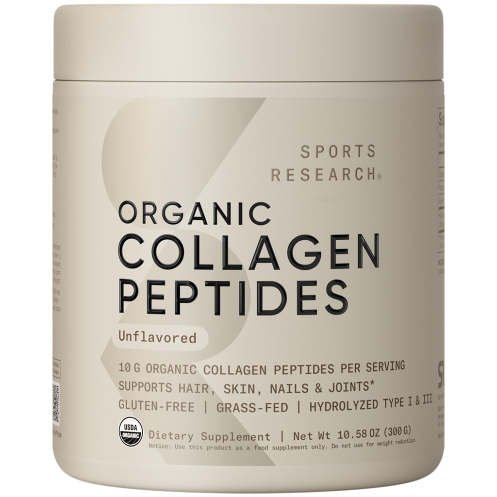 Sport Research ® Organic Collagen Peptider - Hydrolyzed Type I & III Collagen Protein Powder Lavet bæredygtigt fra Grass- Fed Cows - USDA Organic · Non- GMO · Gluten Free - Unflavored, 30 Servere