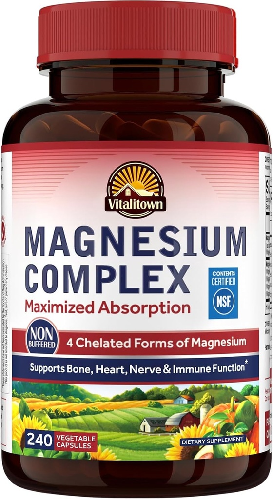 Vitalitown Magnesium Complex Supplement 500mg, Maximized Absorption, NSF Certified Chelated Magnesium Glycinate, Malat, Taurat & Citrate for Sleep, Energy & Heart, Vegan, Non- GMO 240 Caps