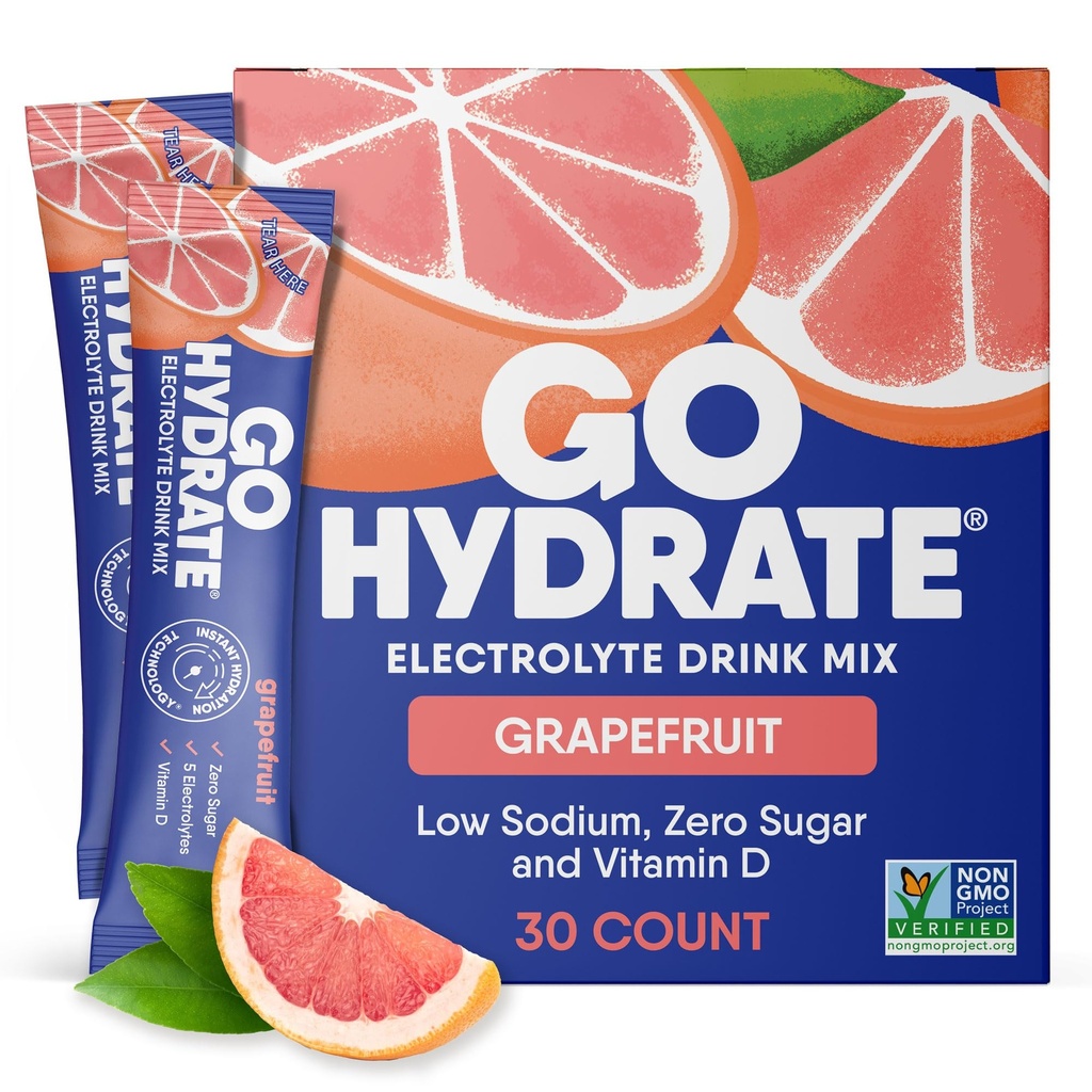 GoHydrate Lavnatrium Electrolytes Powder Pacets Sugar Free - Instant Hydration Daily Drink Mix - Zero Sugar Water Flavor Packet Singles med D-vitamin - (Grapefrugt, 30 pakker)