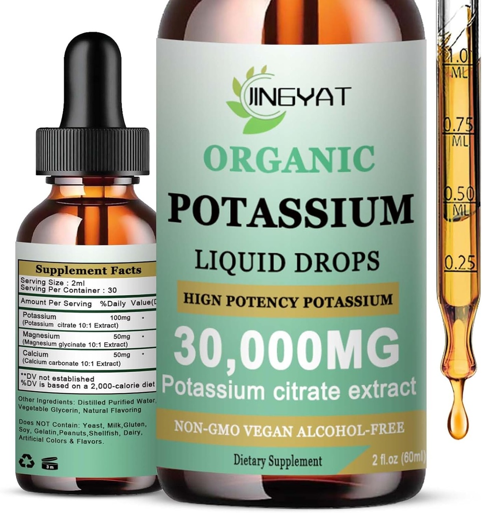 Kalium Magnesium Liquid Drops - Organic Liquid Supplement - High Absorption Kalium Citrate 1000mg Magnesium Glycinate 500mg Calcium til hjerte, ben kramper og muskel - ikke-GMO, Vegan, 2 oz