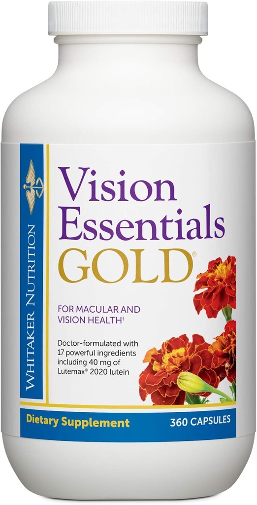 Dr. Whitaker Vision Essentials Gold - Eye Health Supplement med 40 mg Lutein Plus vitamin A & Zeaxanthin - Understøtter Macular Health og Shields øjne mod blå lys eksponering (360 kapsler)