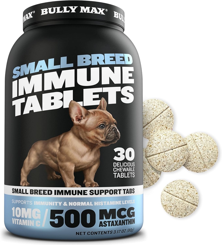 Bully Max Small Breed Hund immunsupporttablets - Chewable Hund Multivitamin Immunity Booster Supplement Tablets for Hvalpe & Voksne Hunde - Pet Vitaminer med Astaxanthin, Colostrum, Gurkemeje - 30 tabletter