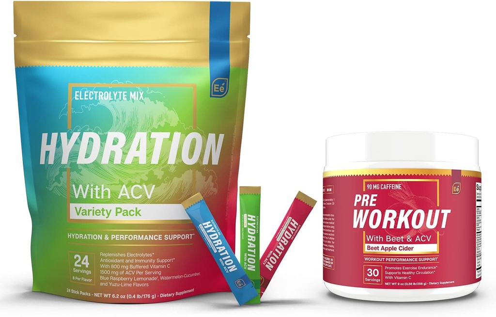 Sugar Free Hydration Powder Packets Variety - 24 Stick Packs & PreWorkout Powder med ACV Measures 124; Heat, Motion, Travel, Daily Hydration + Superfood Energy & All- Natural Nitric Oxide Booster Plus koffein