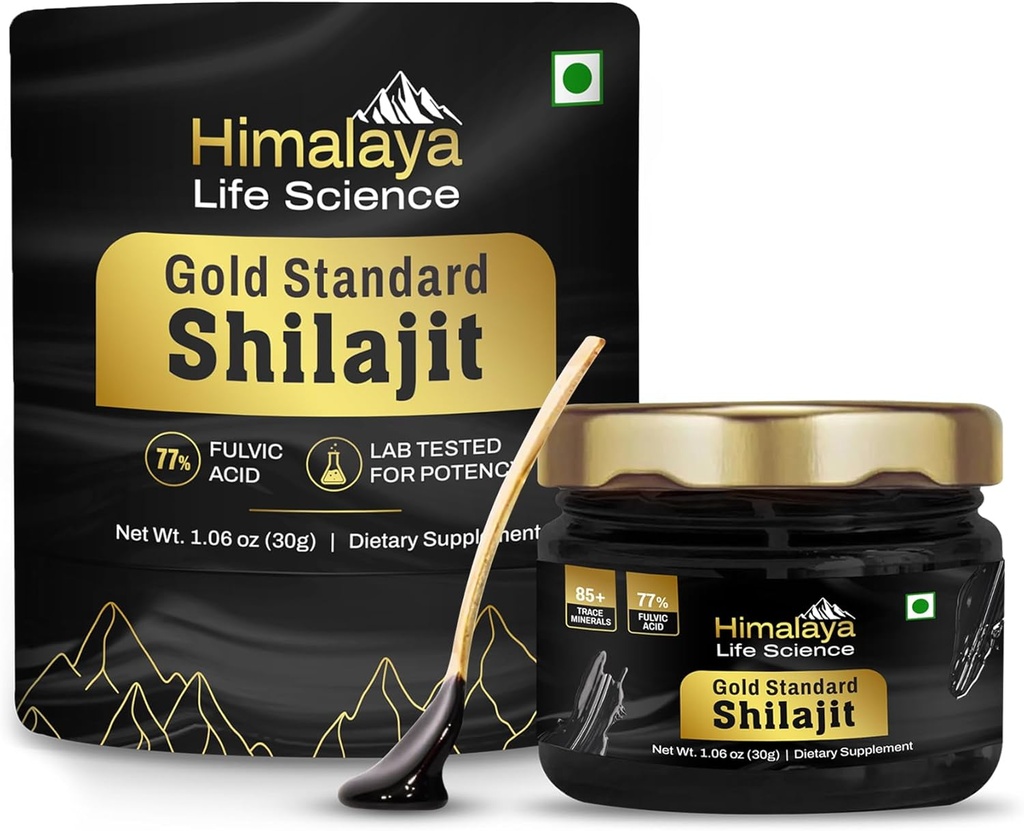 Pure Shilajit Resin 124; Mest Potent Shilajit fra Indien, Gold Grade for Mænd & Kvinder, 75 Servering for Energy Boost, 85 + Trace Minerals, 77% Fulvic Acid, Lab Testet, 30g
