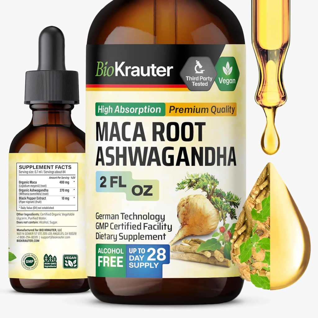 BIO KRAUTER Maca Root and Ashwagandha Tincture - Maca & Ashwagandha Supplements for Men & Women - Liquid Supplement for Mood Support - Alcohol and Sugar Free - Vegan Drops 2 Fl.Oz.