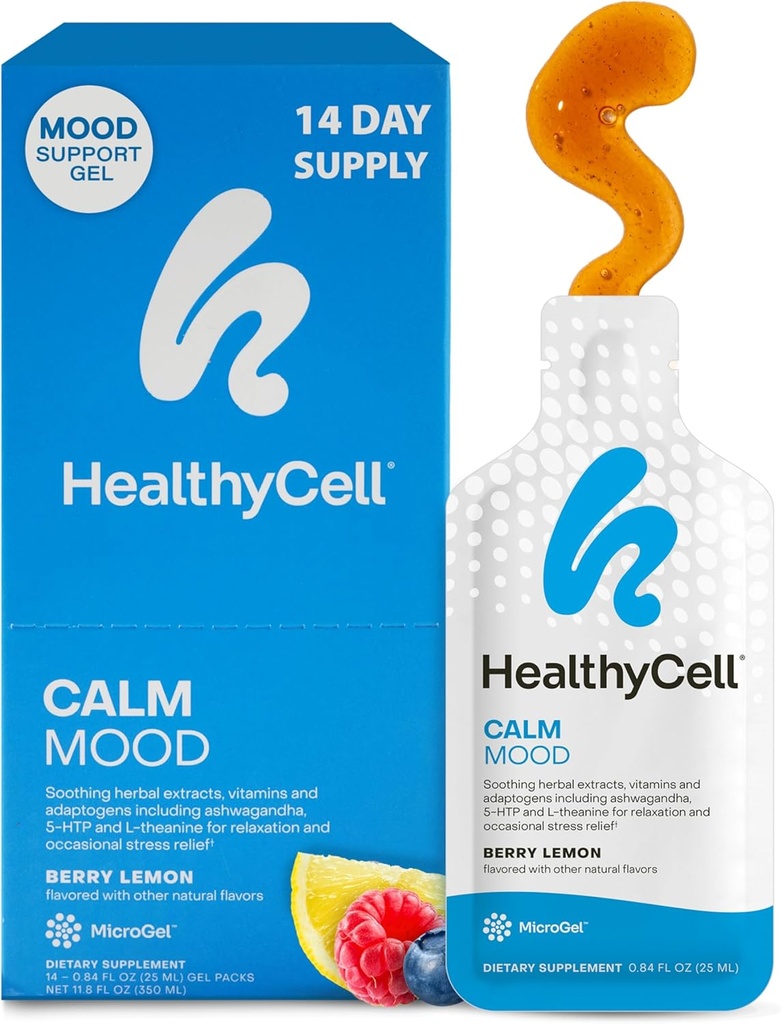 Healthycell Calm Mood Daily Liquid Supplement - Cortisol Manager & Mood Support for Stress with Ashwagandha, L- Theanine, Magnesium, 5- HTP, GABA & Saffron - 14 Gel pakker