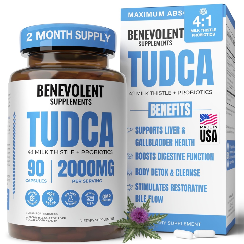 2000mg Advanced TUDCA Supplement - Max Absorption TUDCA Bile Salts with 4:1 Milk Thistle and Probiotics - Supports Liver Detox & Cleanse, Gallbladder, Gut & Kidney Health - 90 Vegan Capsules