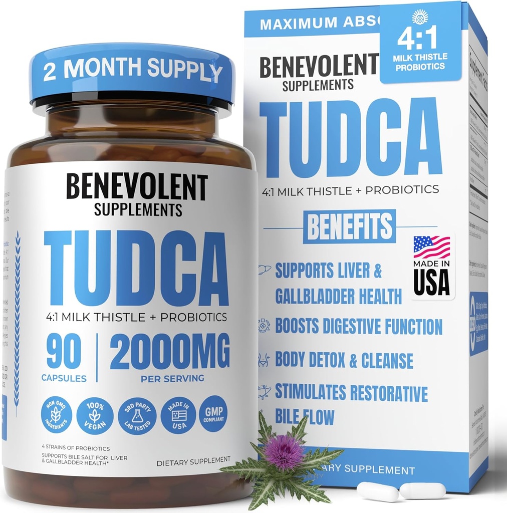 2000mg TUDCA Bile Salts Supplement Complex Measures 124; Understøtter leverdetox & Cleanse, Gallablære, Gut & Nyre Sundhed Measures 124; 4: 1 Mælk tidsel + Probiotika til Max Absorption 124; USA Made Measures 124; 90 Non- GMO V kapsler