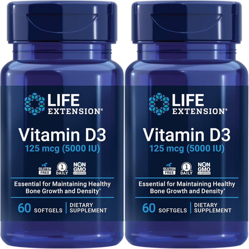 Life Extension Vitamin D3 125 Mcg (5000 Iu) - fremmer ben sundhed, hjerne sundhed og immunfunktion - Non- GMO - Gluten- Free - Two Pack - 2 x 60 Softgels