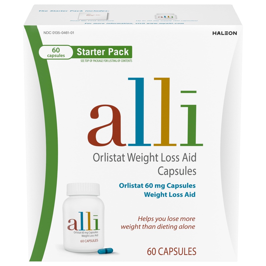alli Diet vægttab supplement piller, Orlistat 60mg kapsler Starter Pack, Ikke-receptpligtig vægttab støtte, 60 tæller (pakke med 1)