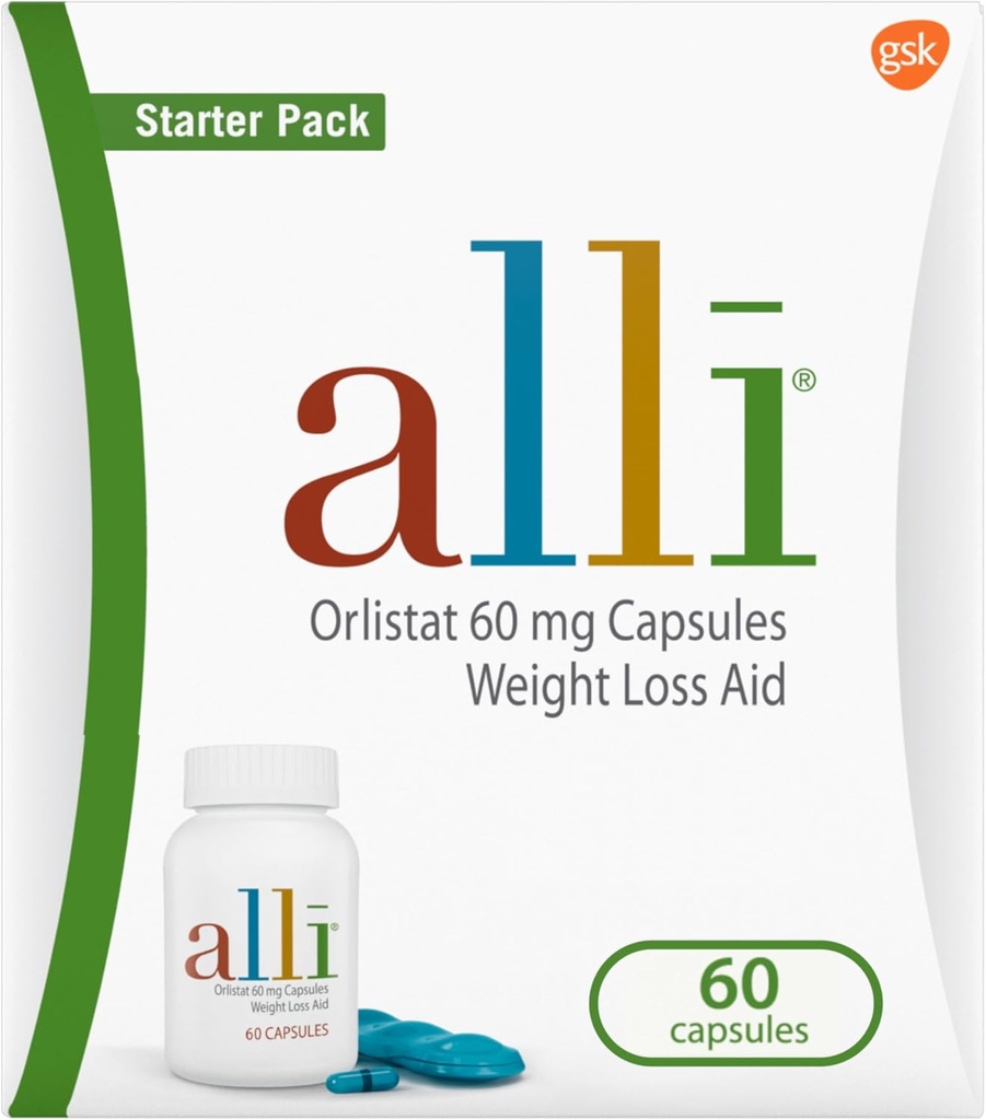 alli Diet vægttab supplement piller, Orlistat 60mg kapsler Starter Pack, Ikke-receptpligtig vægttab støtte, 60 tæller (pakke med 1)