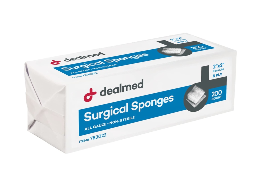 Dealmed 2 "x 2" Kirurgiske svampe, 8-Ply, Non-Woven Absorbent Gauze Sponges til Sårpleje, Førstehjælp Kits og Medicinske Faciliteter, 200 Greve (Pack of 1)