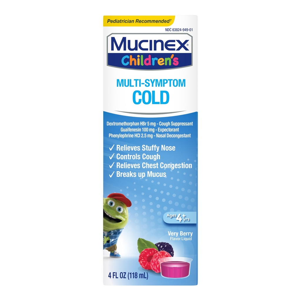 Mucinex Children 's Multi- Symptom Cold Relief Liquid - Relieves Stuffy Nose, Chest Congestion, Hough & Mucus, Expectorant & Hough Suppressant med Dextromethorphan, Guaifenesin, Phenylephrin, 4 oz.