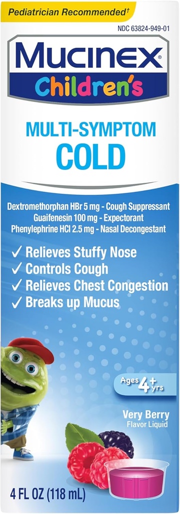 Mucinex Children 's Multi- Symptom Cold Relief Liquid - Relieves Stuffy Nose, Chest Congestion, Hough & Mucus, Expectorant & Hough Suppressant med Dextromethorphan, Guaifenesin, Phenylephrin, 4 oz.