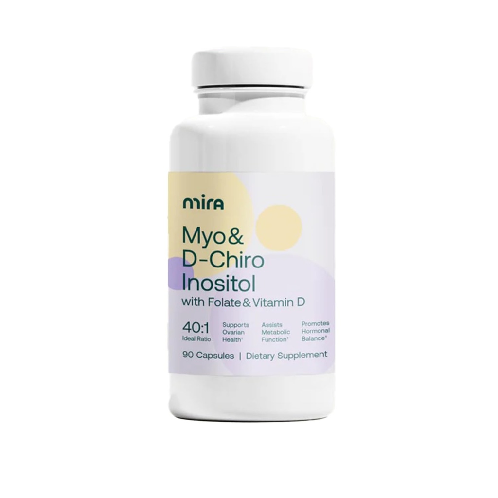 MIRA PCOS supplement, Myo Inositol & D- Chiro Inositol 40: 1 Ratio, Hjælper med at fremme Hormonal balance og støtte Ovarie Sundhed & Metabolisme, 90 kapsler (30 Servere), 1 flaske