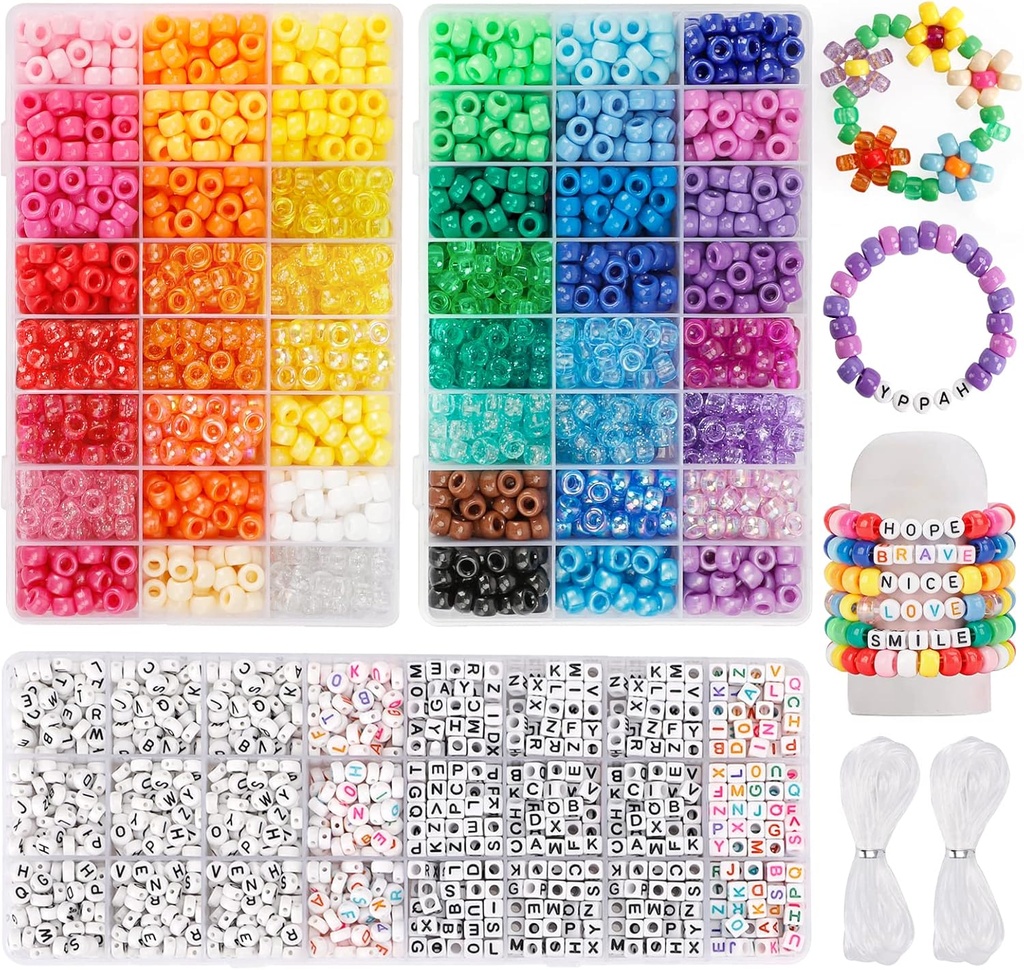 Quefe 3960pcs Pony perler for venskab armbånd gør Kit 48 Farver Kandi perler sæt, 2400pcs Plastic Rainbow Bulk og 1560pcs Letter perler med 20 Meter Elastiske Tråd til Craft Smykker halskæde