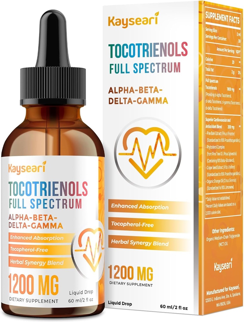 Fuld Spektrum af tocotrienoler Supplement 1200mg- Tocotrienol E-vitamin Væske, Tocopherol- fri - Superior Antioxidant Blend - Højere Absorption - 2 fl oz, 30 Servere