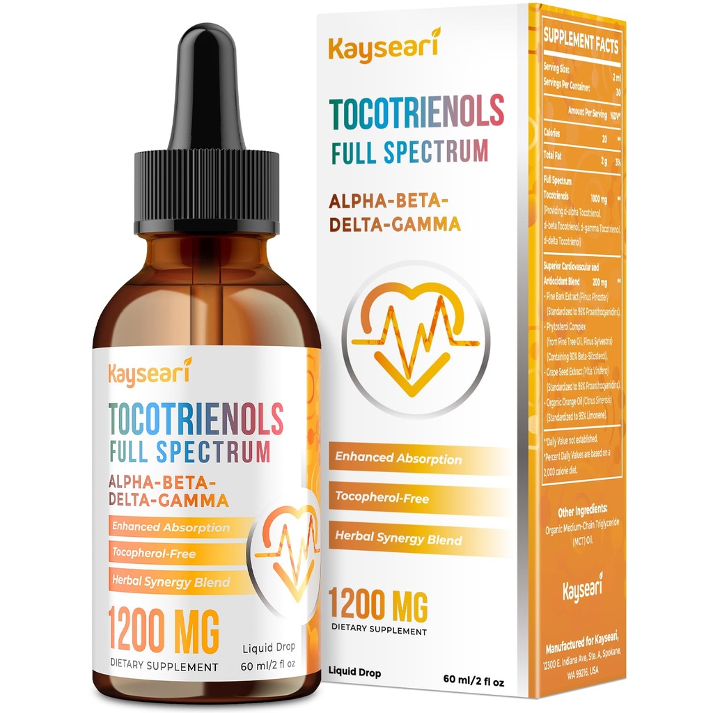 Full Spectrum of Tocotrienols Supplement 1200mg- Tocotrienol Vitamin E Liquid,Tocopherol-Free - Superior Antioxidant Blend - Higher Absorption - 2 fl oz,30 Servings