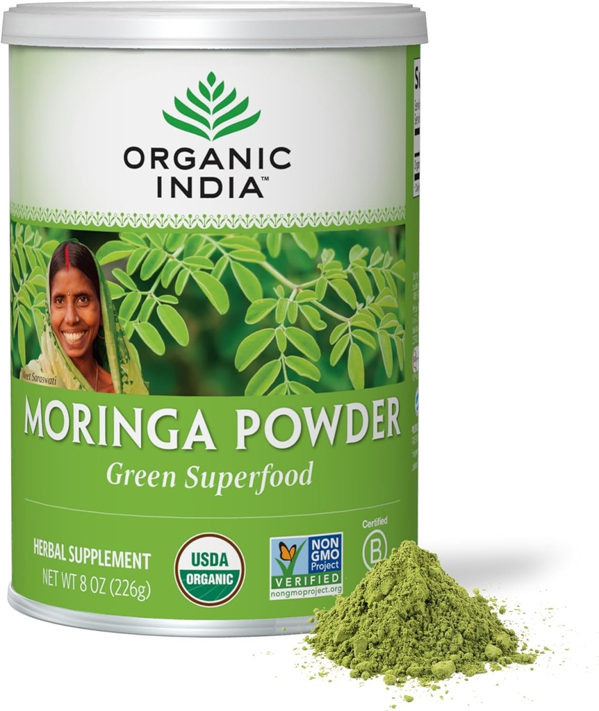 ORGANIC INDIA Moringa Powder - Moringa Oleifera Leaf Herbal Supplement, Green Superfood, Nutrient Dense, Pure Plant Protein, Vitamin A, E, K, Jern, Calcium, Fiber, Vegan, USDA Certified Organic - 8 oz
