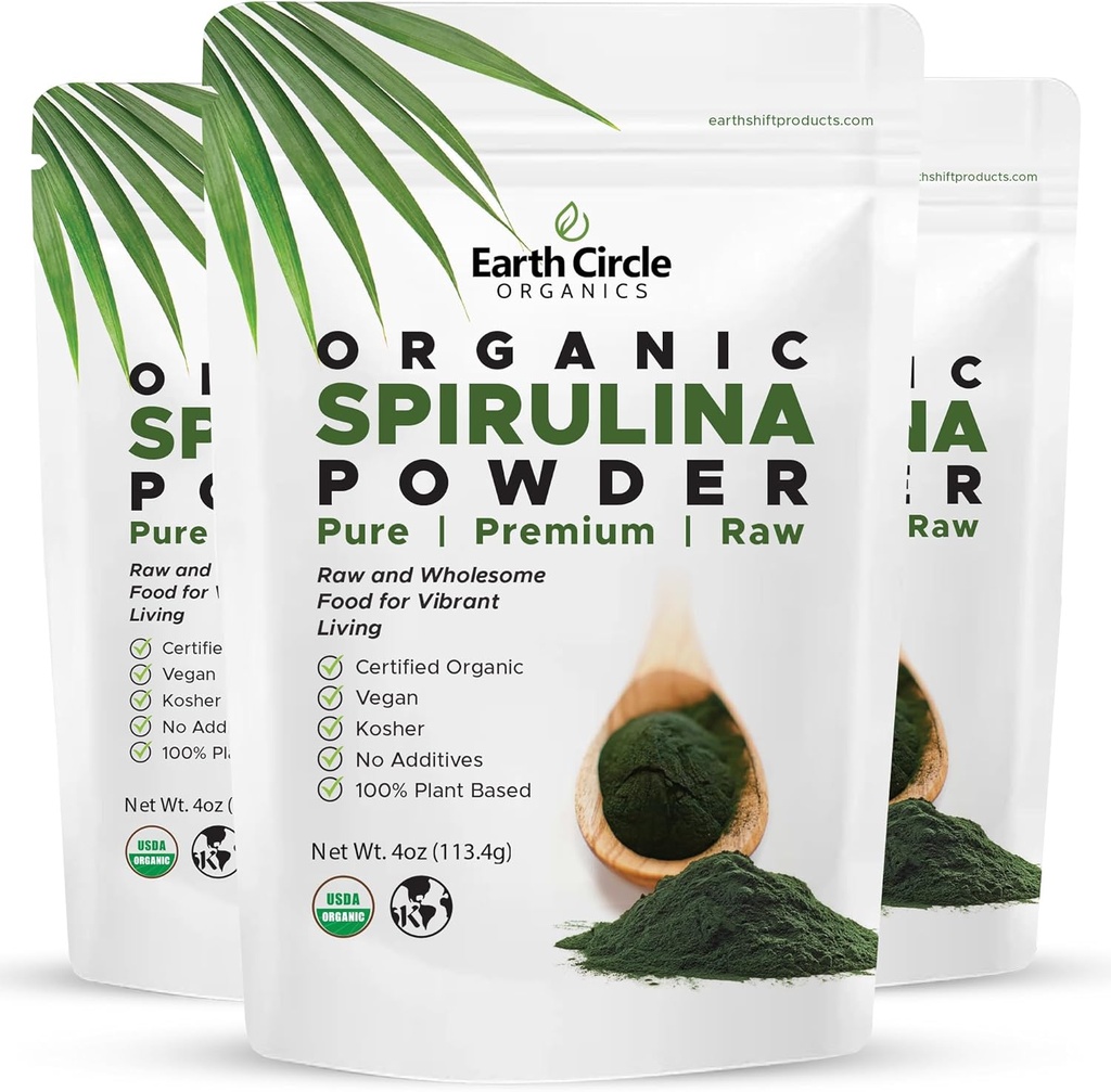 Earth Circle Organics Spirulina Powder, Kosher, Raw and Non- Bedied Medical 124; Pure Vegan Protein Medic124; Premium Superfood, High in Aminosyrer og antioxidanter - 4 Ounce (3 pakker)