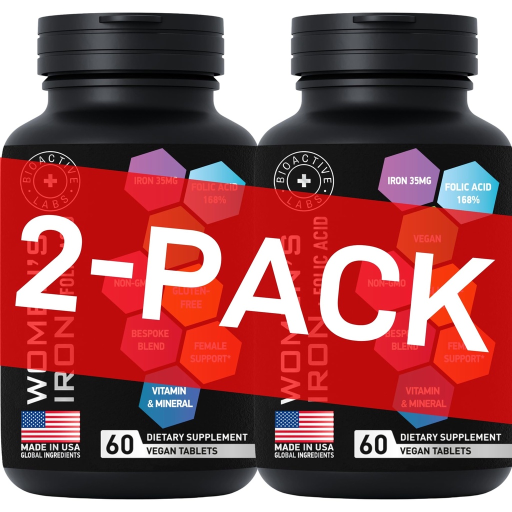 Vegansk jerntilskud til kvinder med folinsyre - 168% Folate folinsyre, 194% Ferrosulfat Blood Builder med anæmi og gravide kvinder - 2 - Pack, 120 Gluten- Free Gentle Iron Tablets