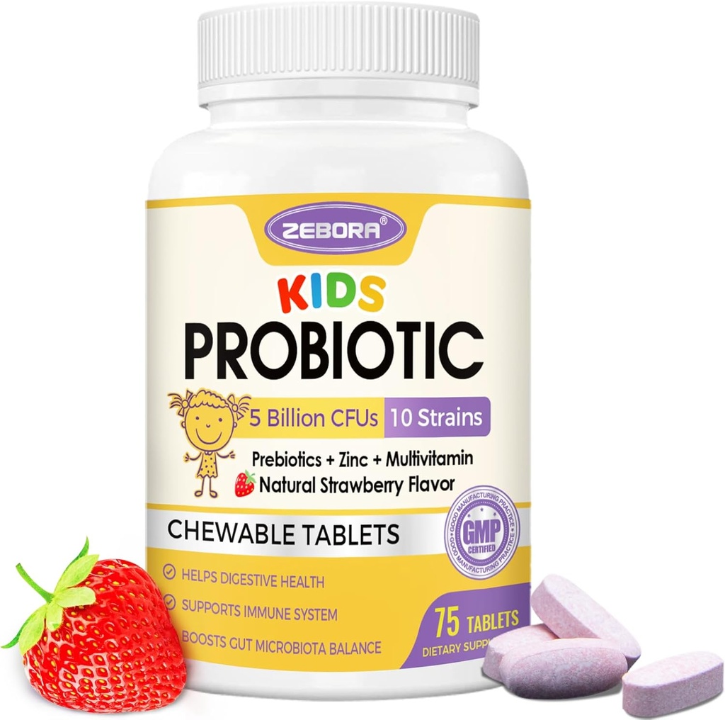 Kids Probiotiske Chewables for fordøjelsessygdomme med 5 Millioner CFU 'er, Prebiotika og Probiotika for Kids for Gut Health, immunforsvar, Nutrient Absorb, C-vitamin, Zink, 75 Servere