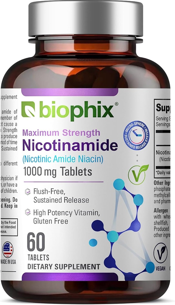 biophix B-3 Nicotinamid 1000 mg 60 tabletter Extra Strength Timet Release - Nicotinsyre Niacin Natural Flush- Free Vitamin Formel - Understøtter hud celle sundhed