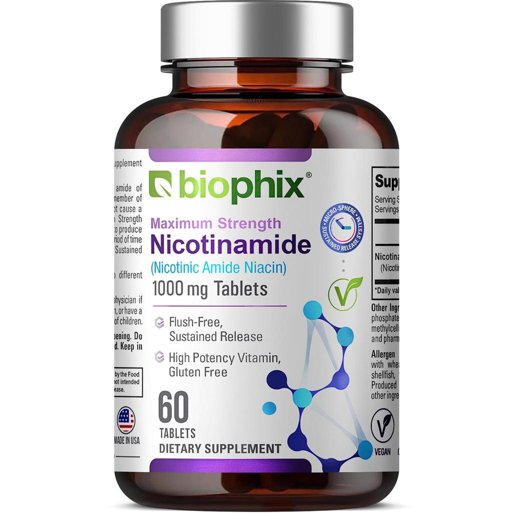 biophix B-3 Nicotinamid 1000 mg 60 tabletter Extra Strength Timet Release - Nicotinsyre Niacin Natural Flush- Free Vitamin Formel - Understøtter hud celle sundhed