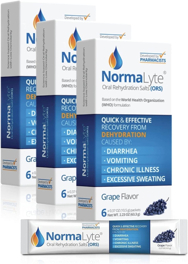 NormaLyte Oral Rehydrering Salts- 18 sticks pakker (Yields 500ml per pakke) -Grape Note 124; Energitilskud, Kalium supplement, Dehydrering Inddrivelse og hurtig absorption