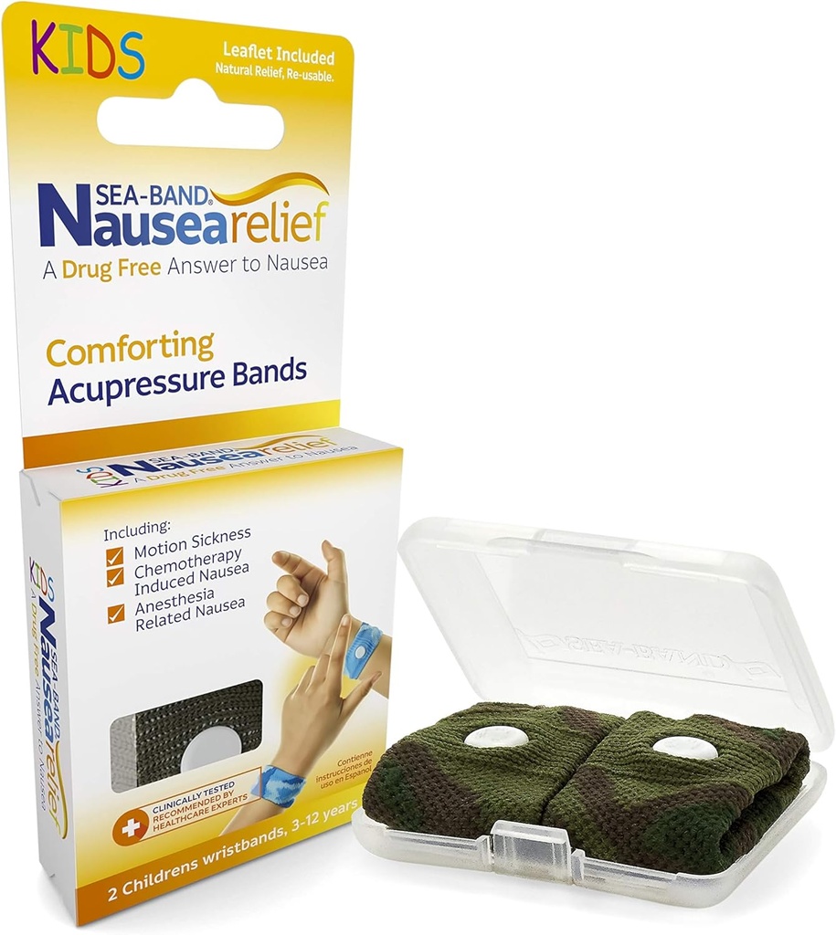 Sea-Band Anti- Kvalme Acupressure armbånd til Motion & Morning Sygdom, Barn, 1 Par Camouflage